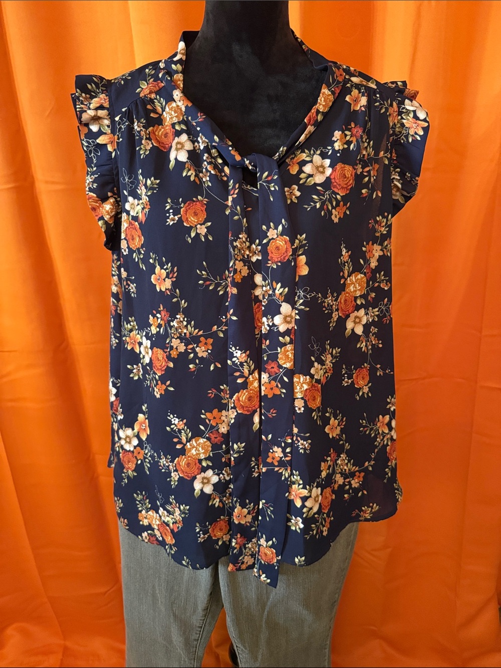 Sweet Rain Navy Floral Tie-Neck Blouse with Ruffle Sleeves